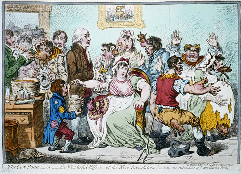 Figure 4: 1804 cartoon caricature of Smallpox and Inoculation Hospital in Pancras London. Caption reads “Cow-Pock—or—The Wonderful Effects of the New Inoculation!”