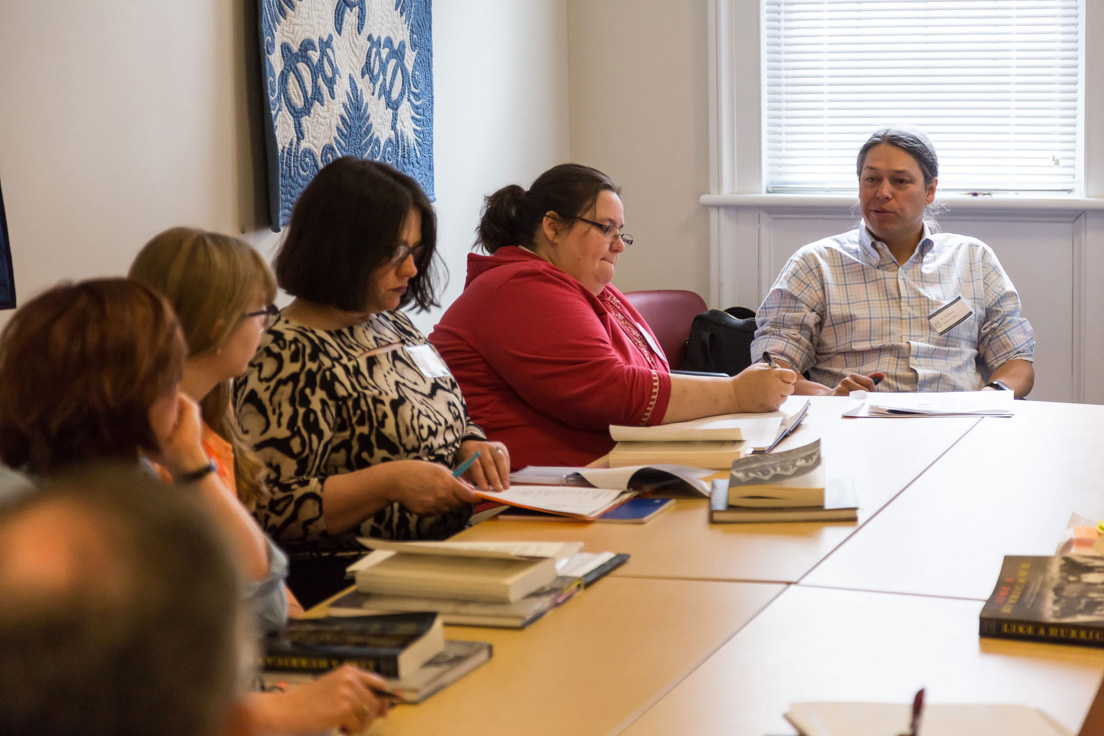 The national seminar on "Contemporary American Indian History," April 2016. (From left to right: National Fellows Barbara A. Prillaman, Delaware; and Patricia Leann Hodge, Tulsa; and seminar leader Ned Blackhawk.)