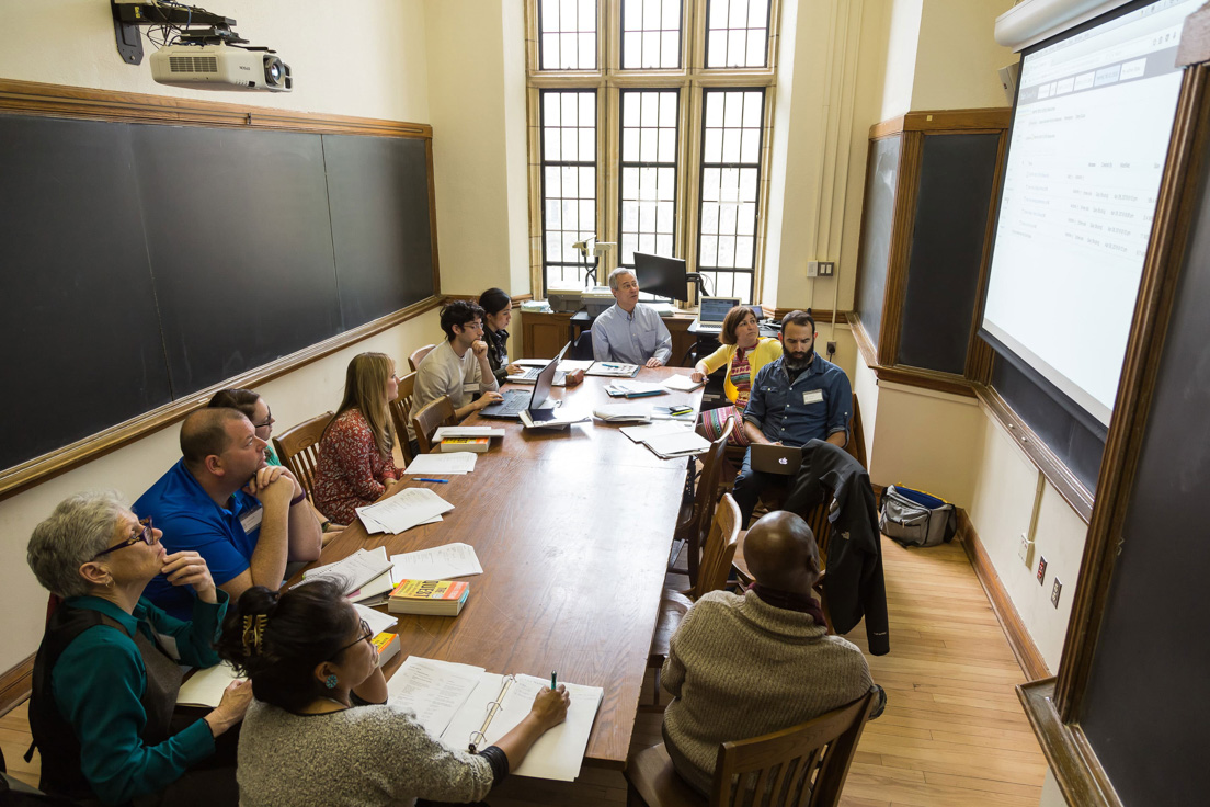 The national seminar on "Energy Sciences," April 2016. (Clockwise from left: National Fellows Shirley Paulson, Diné Nation; Patricia R. Moncrief, San José; Joseph Parrett, Delaware; Jessica R. Johnson, Tulsa; Larissa Spreng, New Haven; Zachary Meyers, District of Columbia; and Jacqueline Rastrullo, Bay Area; seminar leader Gary W. Brudvig; National Fellows Valerie J. Schwarz and Josh Bearman, Richmond; and Cristobal Carambo, Philadelphia.)