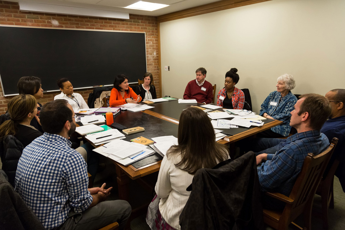 The national seminar on "Why Literature Matters," April 2016. (Clockwise from left: National Fellows Robert Schwartz, New Haven; Sara Stillman, Bay Area; Carla Jones, Chicago; Victoria Parrish, Richmond; National Fellows Amandeep Kaur Khosa, San José; Kathleen Radebaugh, Philadelphia; Tim Smith, Tulsa; Debra Titus, Pittsburgh; seminar leader Janice Carlisle; National Fellows Mark Andre Holston, San José; David W. Dean, Tulsa; and Maureen Becker, Chicago.)