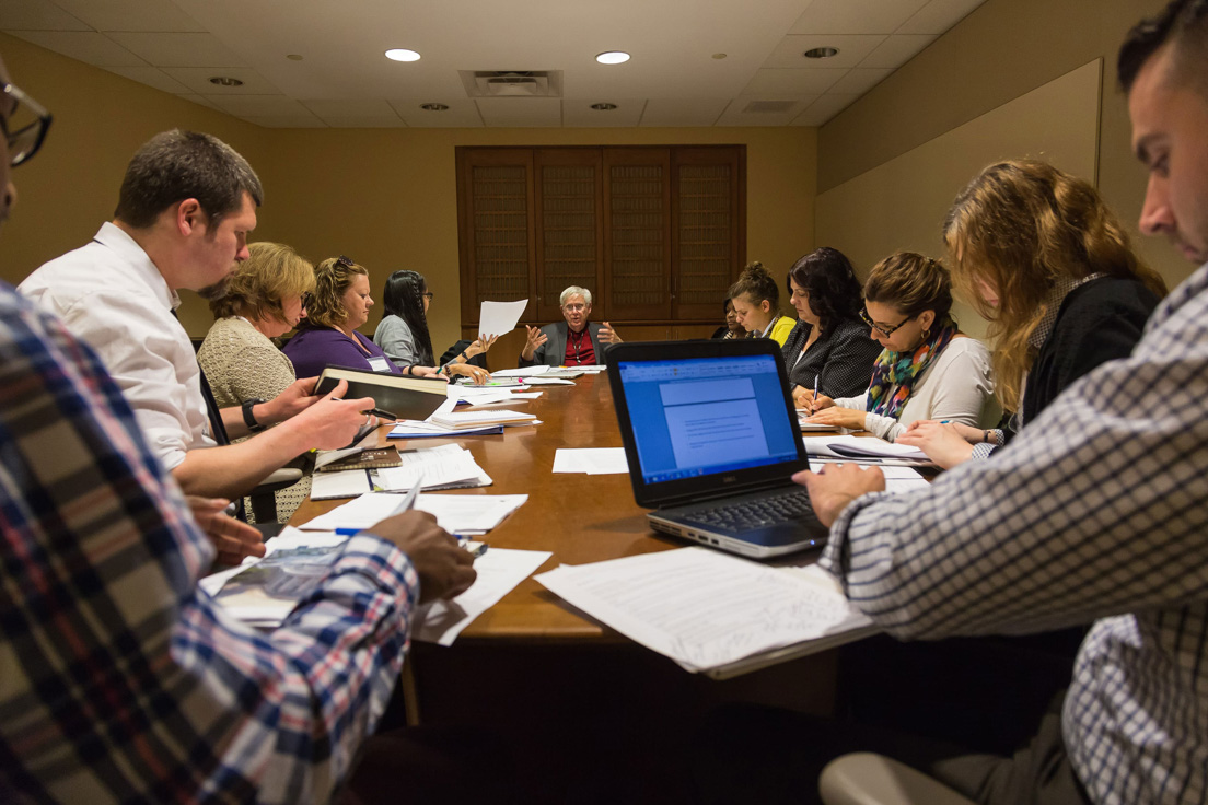 The national seminar on "‘Over the Rainbow’: Fantasy Lands, Dream Worlds, and Magic Kingdoms," April 2016. (From left to right: National Fellows Sydney H. Coffin, Philadelphia; Krista B. Waldron and Corrina S. Christmas, Tulsa; Tiffany Tracy, Diné Nation; seminar leader Joseph R. Roach; National Fellows Shannon Foster-Williams, Richmond; Jennifer Giarrusso Mazzocco, Pittsburgh; Jennifer L. Vermillion, San José; Mary Carmen Moreno, Chicago; Tharish Harris, Richmond; and Brandon Barr, Chicago.)