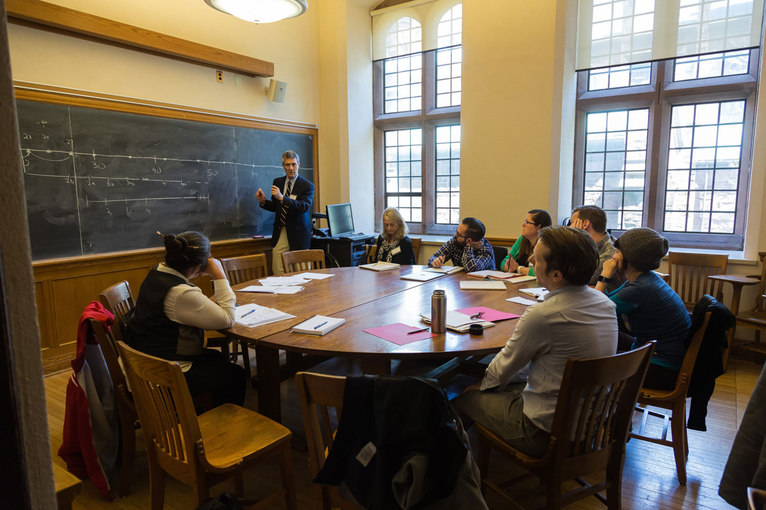 The national seminar on "The Number Line in the Common Core," April 2016. (Clockwise from left: National Fellow Jolene R. Smith, Diné Nation; seminar leader Roger E. Howe; National Fellows Carol P. Boynton, New Haven; Klint Kanopka, Philadelphia; Kathleen G. Gormley, Delaware; Aaron Bingea, Chicago; Jade Lee, San José; and Jeffrey Rossiter, Chicago.)