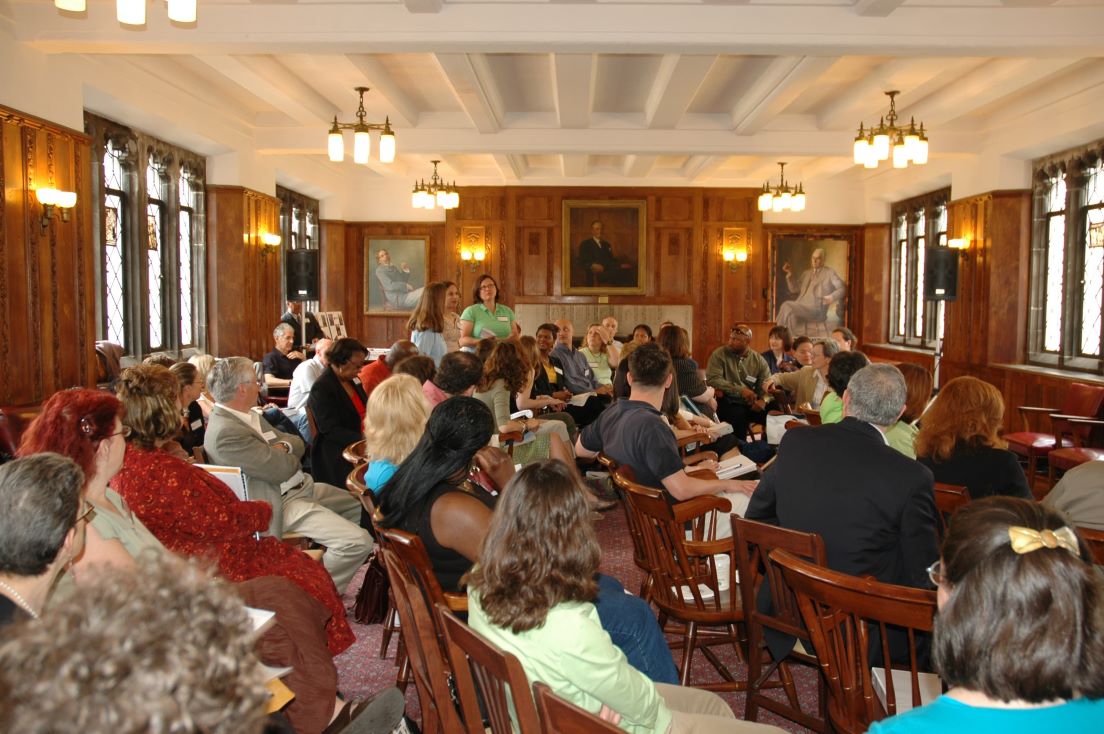 Opening Meeting at the Organizational Session, May 2006. (Standing: National Fellows Nancy Ann Wasser, Kimberlee Penn Erazo and Danielle Gothie, Santa Fe.)