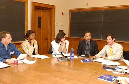 The National Seminar on &quot;War and Civil Liberties,&quot; May 2005.  (Left to right: National Fellows Charles B. Avery, Jacksonville; Keysiah M. Middleton, Philadelphia; Justin Boucher, New Haven; Planning Director Alan J. Lee, Philadelphia; and Seminar Leader Rogers M. Smith.)