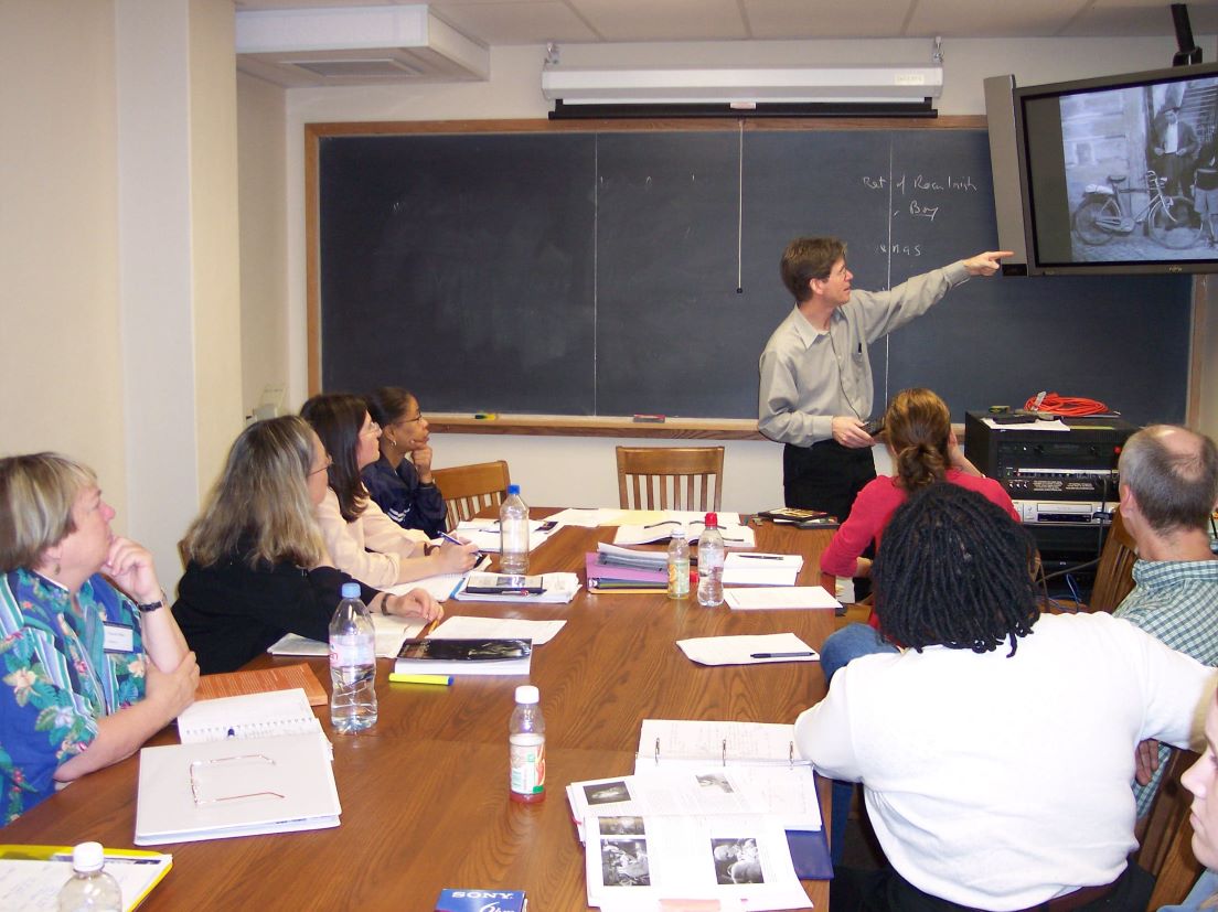 The national seminar on &quot;Stories Around the World in Film,&quot; May 2006. (Left to right: National Fellows Claudia L. Miller, Santa Fe; Lynn W. Marsico, Pittsburgh; Clary W. Carleton, Richmond; Beverly Rice-Hooper, Atlanta; seminar leader Dudley Andrew; National Fellows Maria Cardalliaguet G?mez-M?laga, New Haven; Eric D. Whiteside, Charlotte; and Bonnee L. Breese, Philadelphia.)