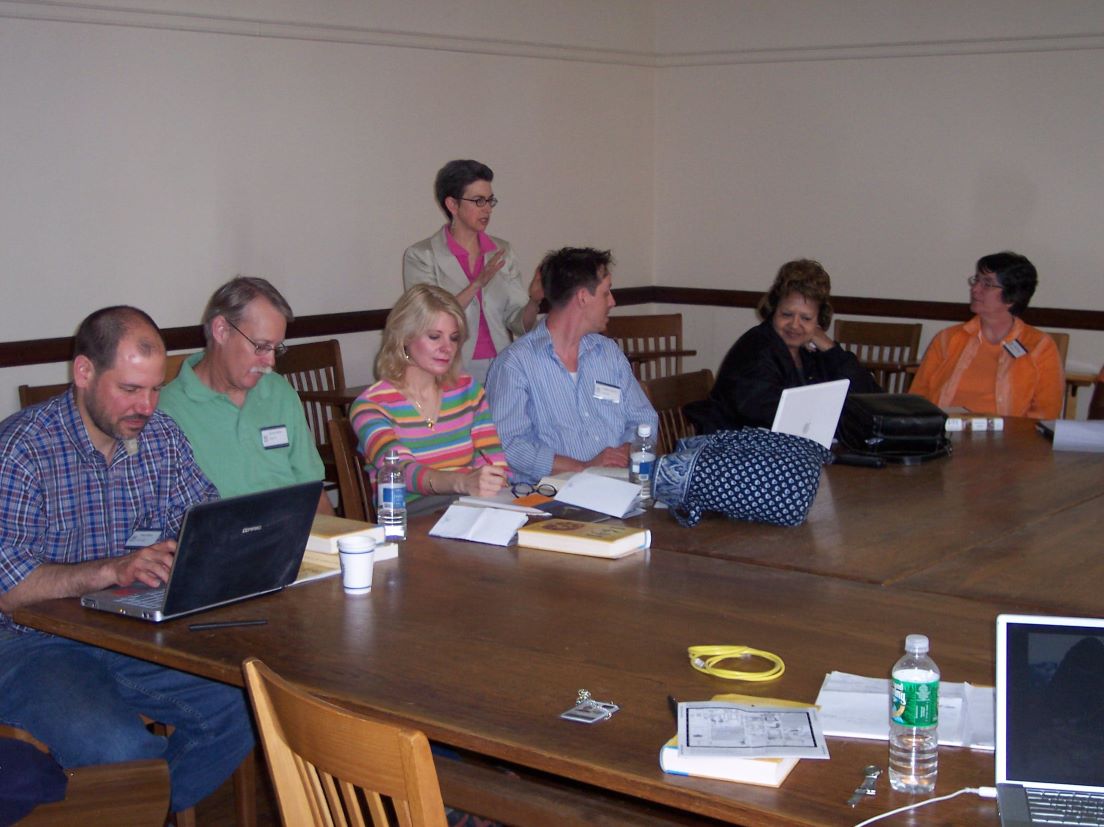 The national seminar on &quot;Native America: Understanding the Past through Things,&quot; May 2006. (Left to right: National Fellows Ralph E. Russo, New Haven; Kennan Eugene Girdner, Santa Fe; Janelle A. Price, Pittsburgh; seminar leader Mary E. Miller; National Fellows Enetta Nelson Rose, Houston; and Teresa T. Pardee, Charlotte.)