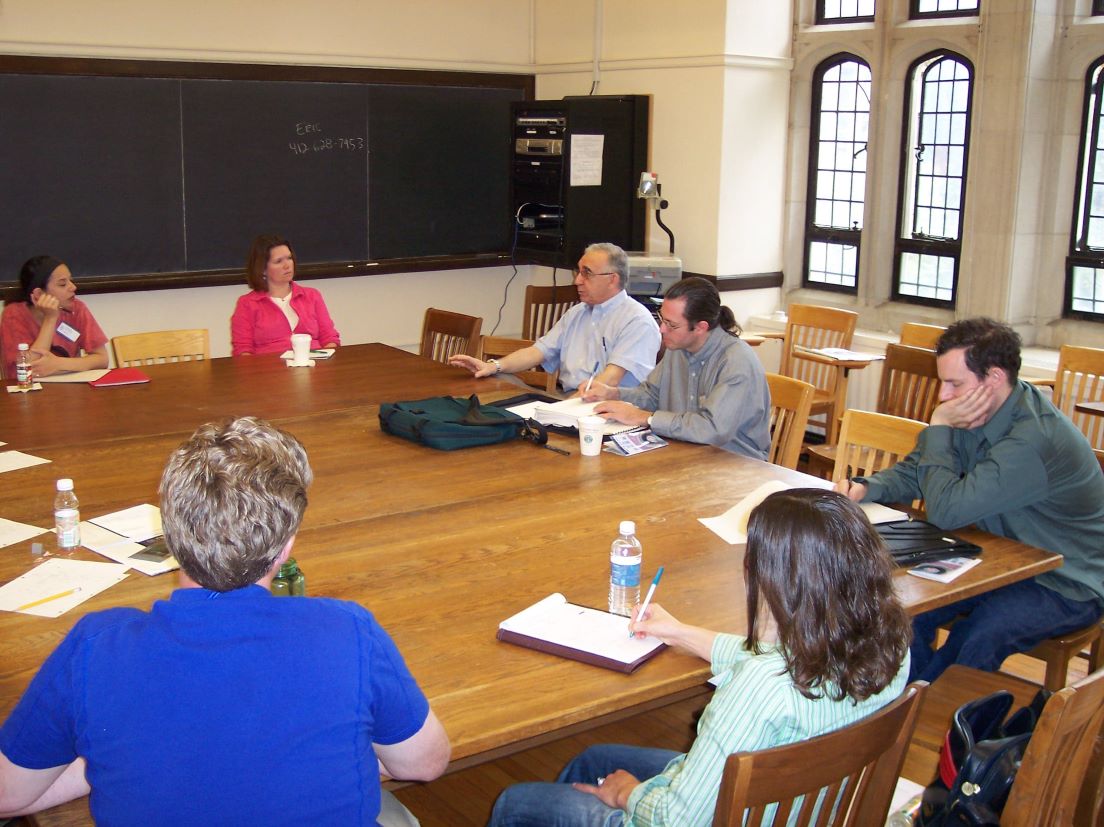 The national seminar on &quot;The Science of Global Warming,&quot; May 2006. (Clockwise from left: National Fellows Kimberlee Penn Erazo, Santa Fe; Ella M. Boyd, Charlotte; seminar leader Sabatino Sofia; National Fellows Eric James Laurenson, Pittsburgh; Matt Van Kouwenberg, Philadelphia; Michele L. Murzak, New Haven; and Justin T. Benz, Wilmington.)