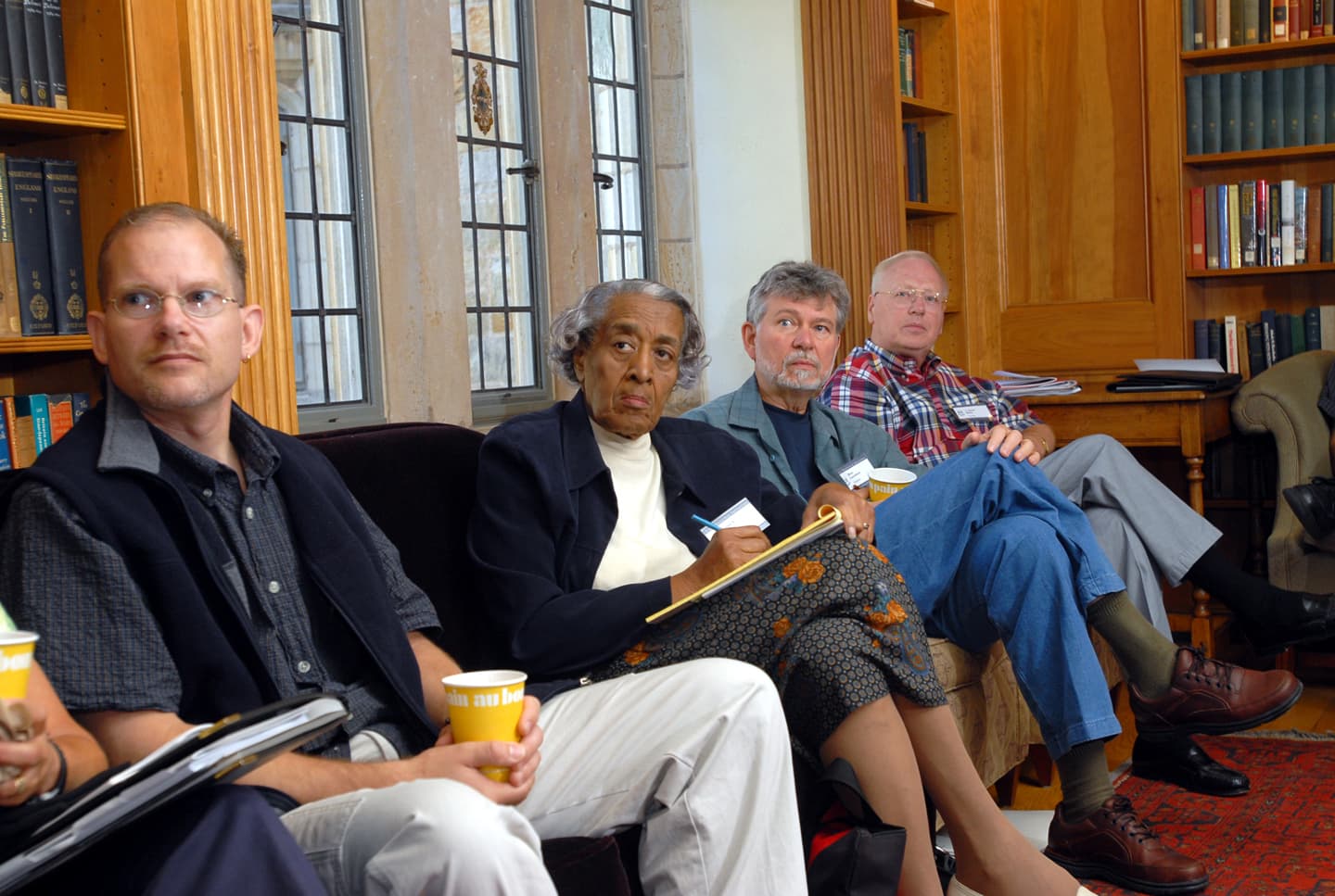 Meeting on the Teachers Institute Approach at the Intensive Session, July 2007. (Left to right: Oscar Lansen, Senior Lecturer in History, University of North Carolina at Charlotte; director Helen S. Faison; Ron Lunsford, Professor of English and J. Daniel White, Associate Professor of Religious Studies and South Asian Studies, University of North Carolina at Charlotte.)
