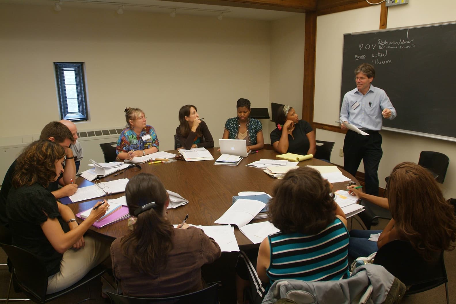 The national seminar on &quot;Adapting Literature,&quot; July 2007. (Clockwise from bottom left: National Fellows Maria Cardalliaguet G?mez-M?laga, New Haven; Jeffrey C. Joyce, Charlotte; Thomas J. Vari, New Castle County; Claudia L. Miller, Santa Fe; Kristen Kurzawski, Pittsburgh; Ane Nyoka Ebie-Mouton, Houston; Susan Hillary Buckson Greene, Atlanta;  seminar leader Dudley Andrew; National Fellows Sharon Ponder, Chicago; Deborah Samuel, Philadelphia; and Clary W. Carleton, Richmond.)