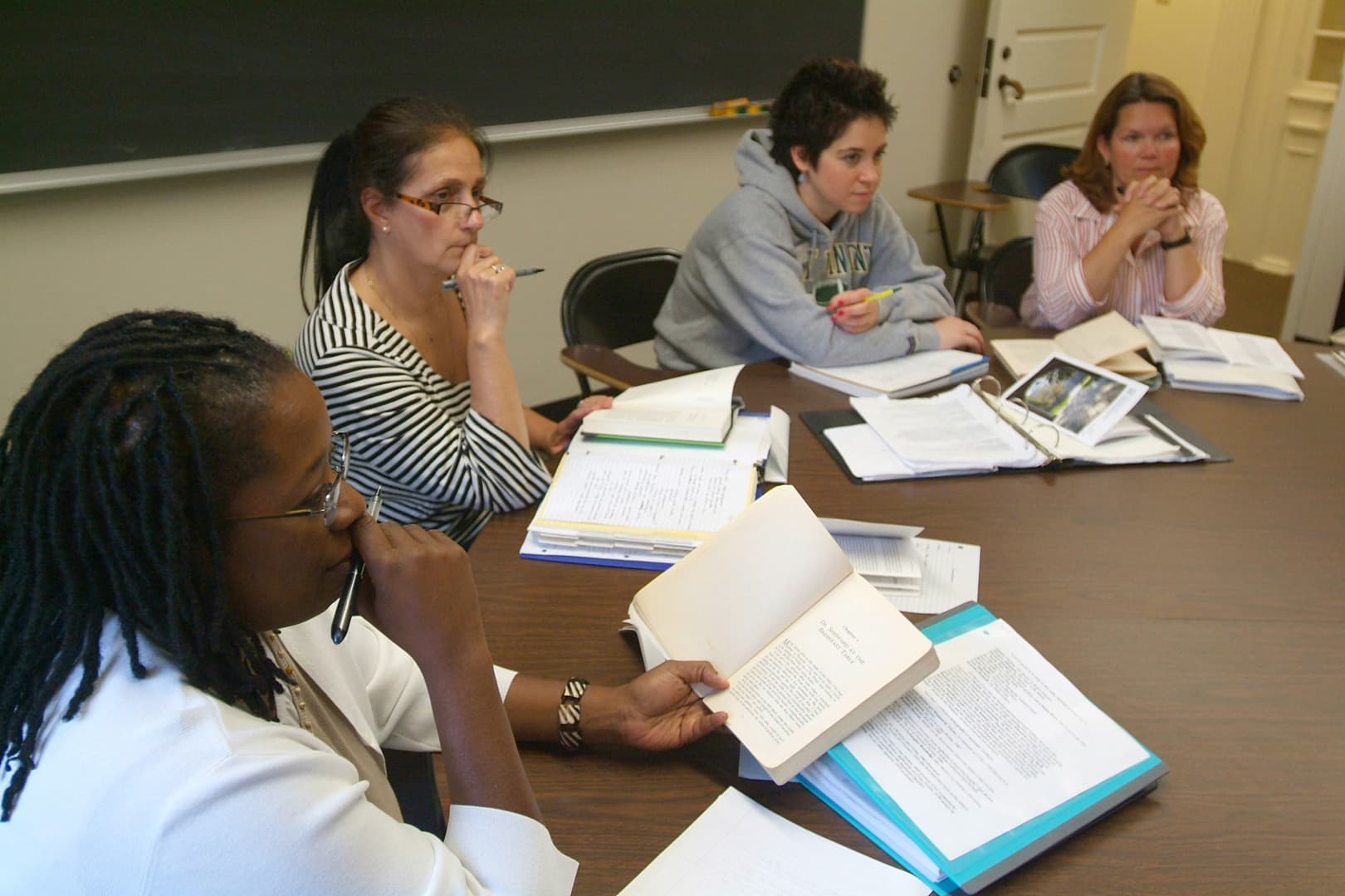 The national seminar on &quot;Across the Curriculum with Detective Fiction for Young People and Adults,&quot; July 2007. (Left to right: National Fellows Bonnee L. Breese, Philadelphia; Mary Lou L. Narowski, New Haven; Jessica Colbert, Pittsburgh; and Ella M. Boyd, Charlotte.)