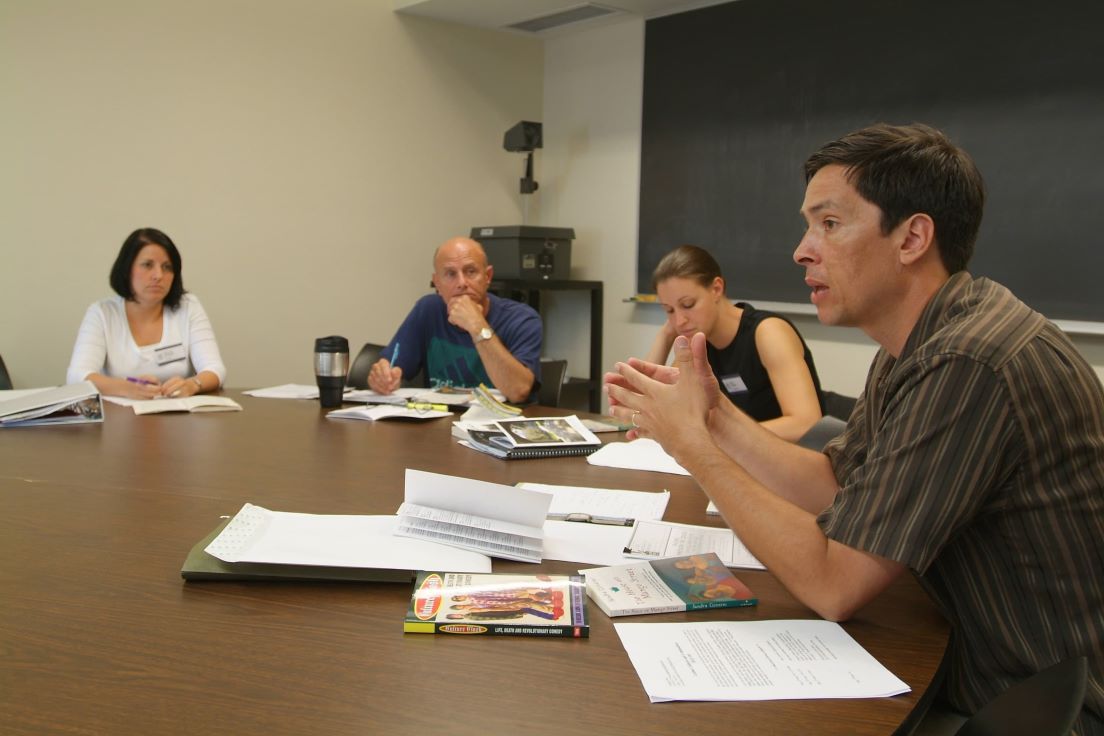 The national seminar on &quot;Latino Cultures and Communities,&quot; July 2007. (Left to right: National Fellows Nicole Marie Schubert, Charlotte; Raymond F. Theilacker, New Castle County; Sara E. Thomas, New Haven; and seminar leader Stephen J. Pitti.) 