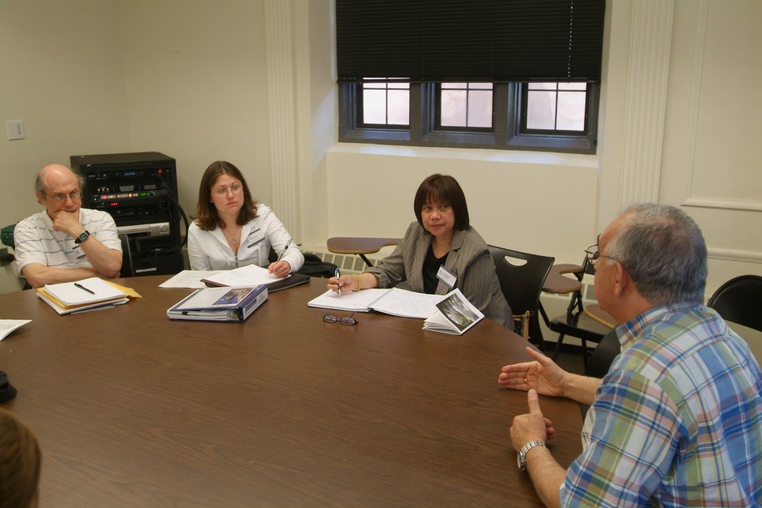 The national seminar on &quot;The Science and Technology of Space,&quot; July 2007. (Left to right: National Fellows Stuart Surrey, Philadelphia; Lori Paderewski, New Castle County; Francisca Eunice Rebullida, Houston; and seminar leader Sabatino Sofia.)