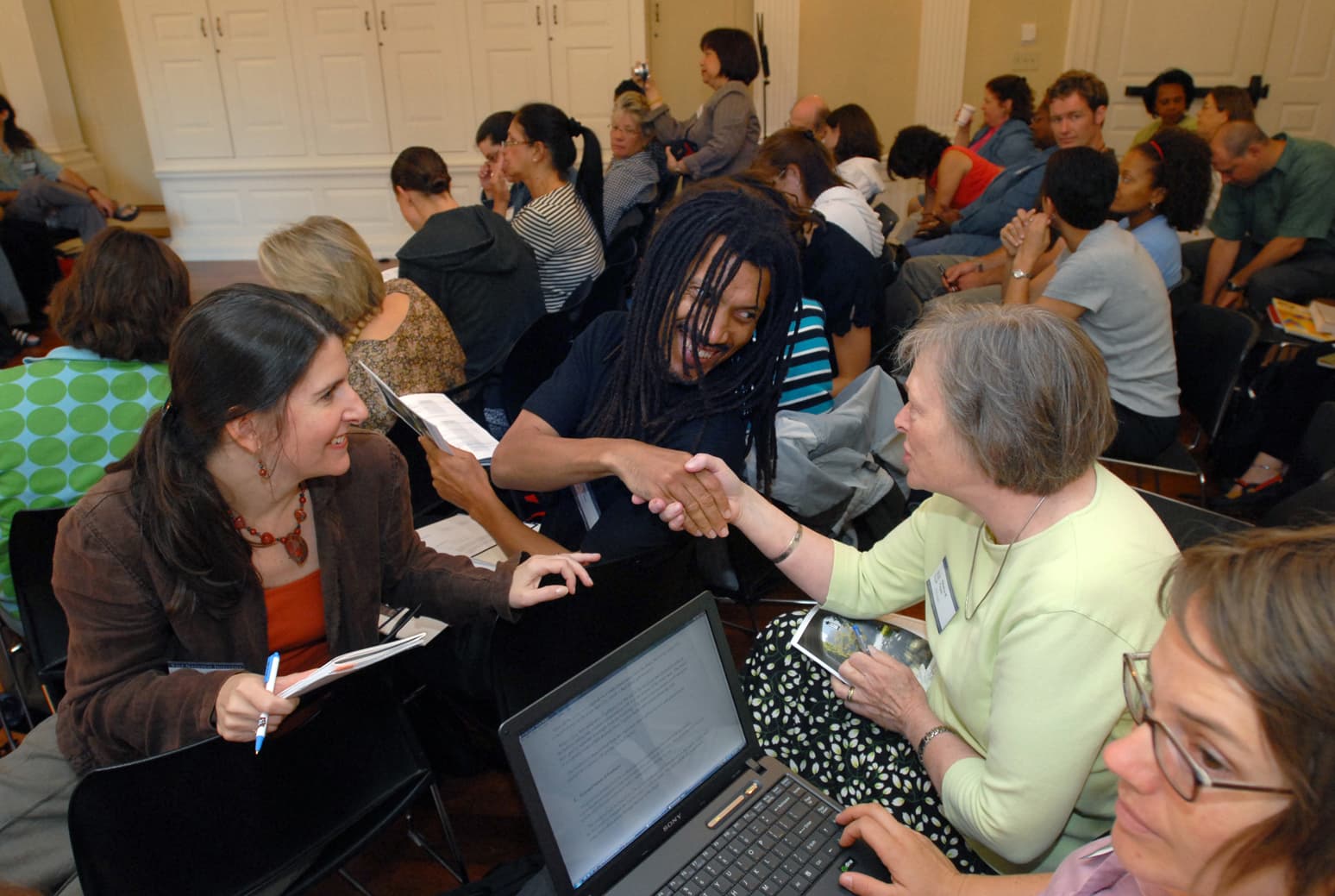 Opening Meeting at the Intensive Session, July 2007. (Front, left to right: National Fellows Clary W. Carleton, and Ram Bhagat; Alexina R. Fagan, Writing Instructor, Virginia Commonwealth University; and National Fellow Emily Betts, all of Richmond.)