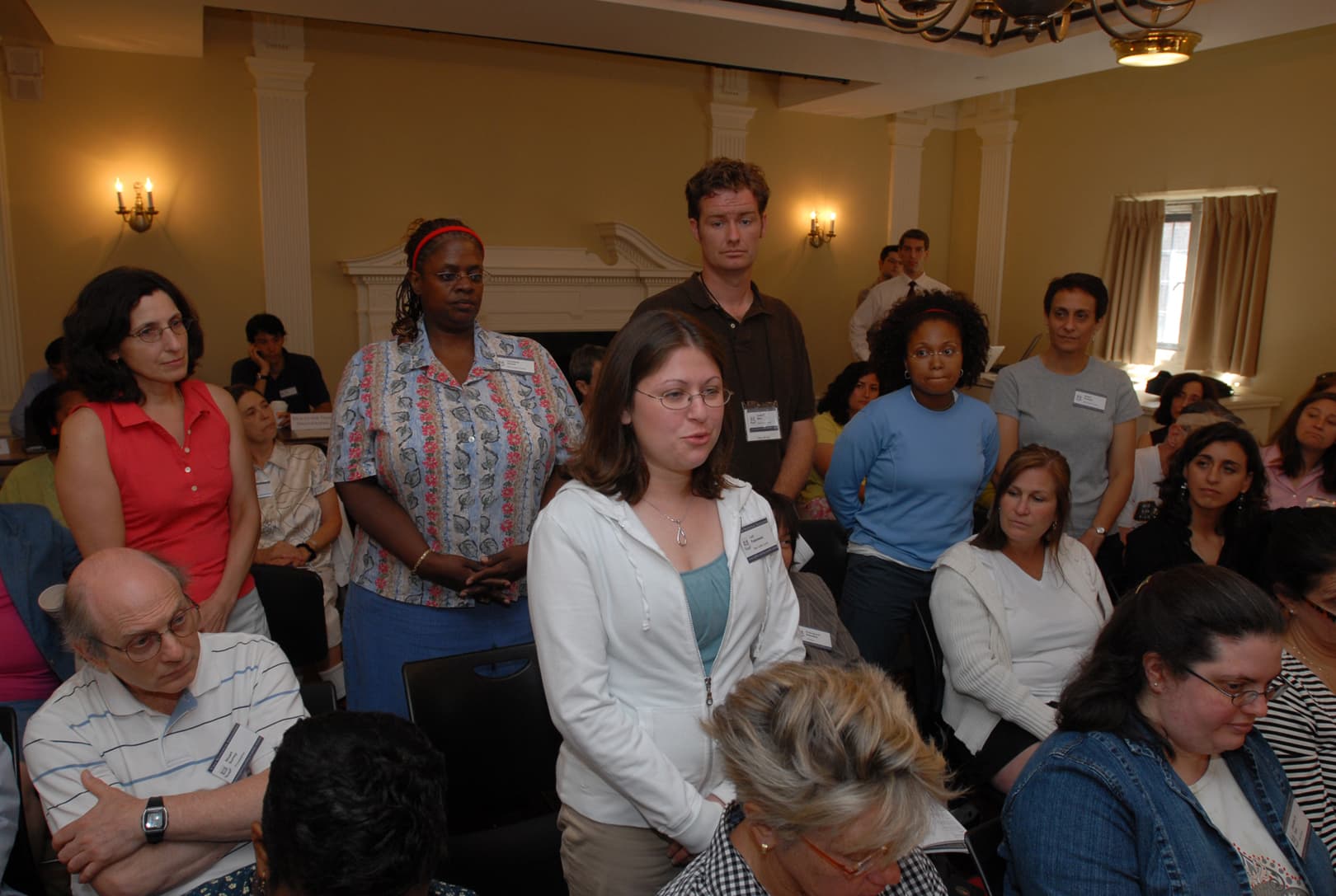 Opening Meeting at the Intensive Session, July 2007. (Standing, left to right: National Fellows Ann Marie Esposito, Christine Shaub, Lori Paderewski, Justin T. Benz, Cherisse Campbell, and Nancy Rudolph, all of New Castle County.)