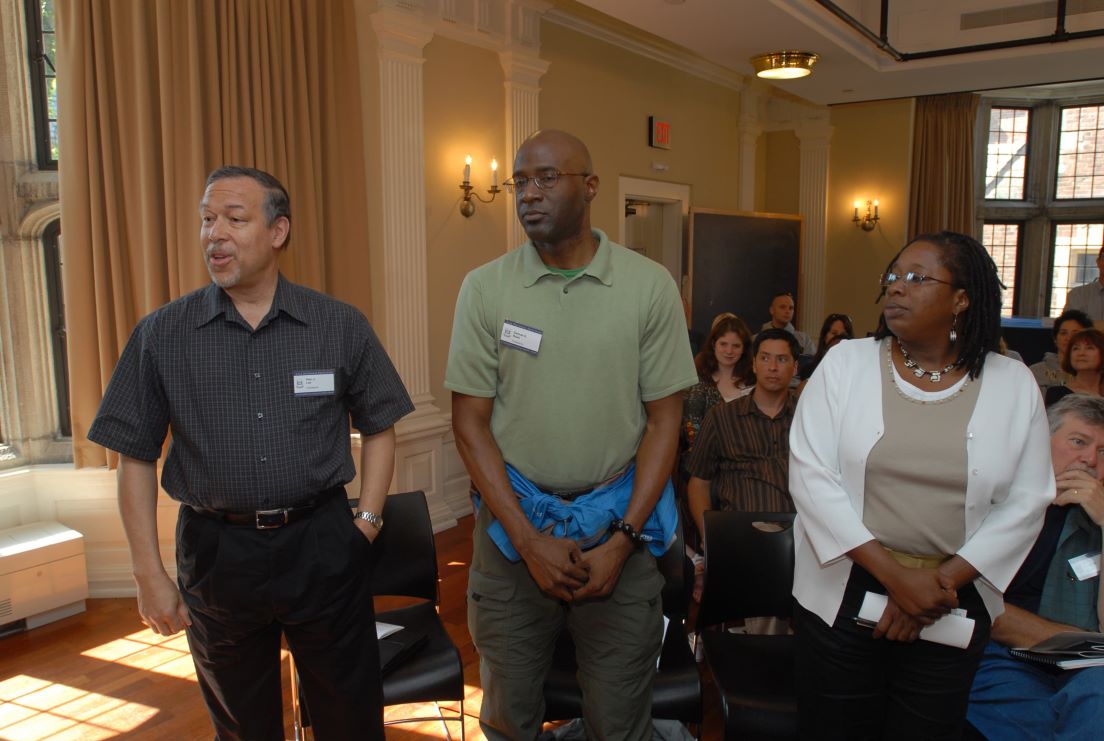 Opening Meeting at the Intensive Session, July 2007. (Standing, left to right: director Alan J. Lee; and National Fellows Samuel A. Reed and Bonnee L. Breese, all of Philadelphia.)