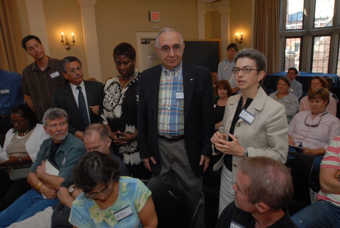 Opening Meeting at the Intensive Session, July 2007. (Standing, left to right: seminar leader Stephen J. Pitti; Joseph A. Montagna; Carolyn N. Kinder; seminar leaders Sabatino Sofia, Dudley Andrew, and Mary E. Miller, all of New Haven.)