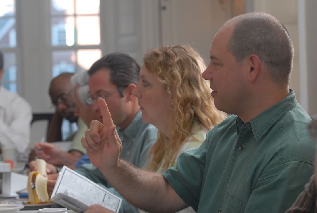 National seminar leaders and Coordinators meeting at the Intensive Session, July 2007. (Left to right: Coordinator Samuel A. Reed, Philadelphia; seminar leader Paul H. Fry; Coordinators Eric James Laurenson, Pittsburgh; Karlene E. McGowen, Houston; and Ralph E. Russo, New Haven.)