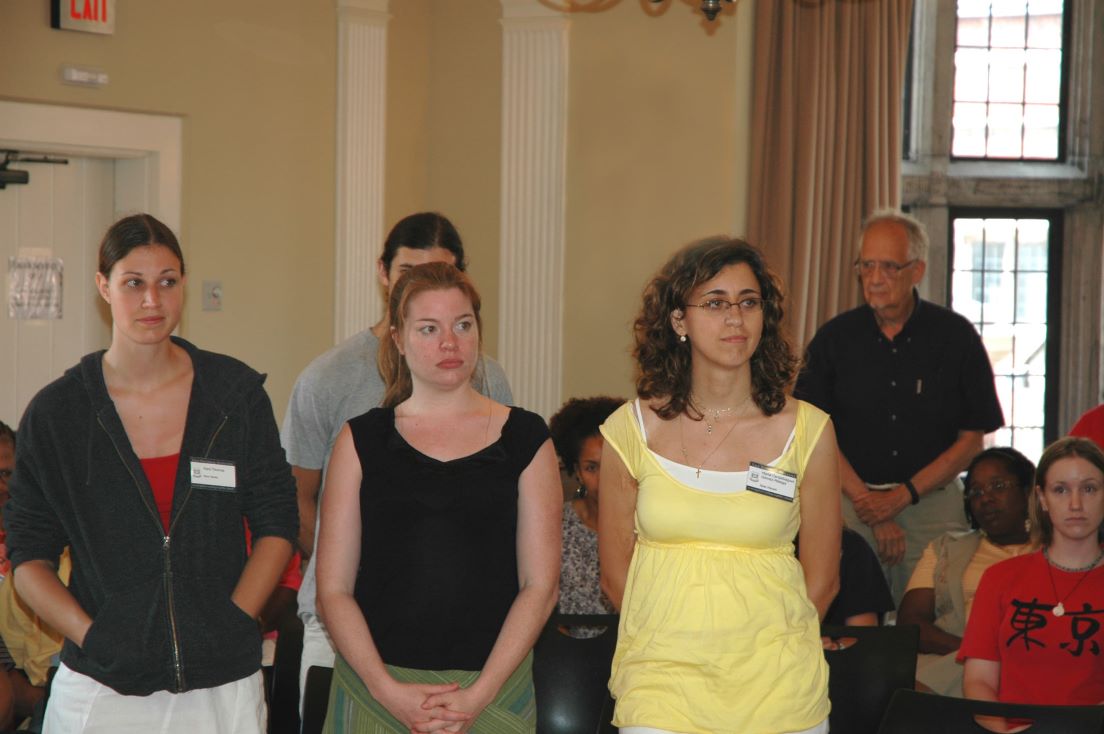 Opening Meeting at the Intensive Session, July 2006. (Standing, left to right: National Fellows Sara E. Thomas, Justin M. Boucher, Alison B. Kennedy, Maria Cardalliaguet G?mez-M?laga, all of New Haven; and Thomas R. Whitaker, Frederick W. Hilles Professor Emeritus of English and of Theater Studies, Yale University.)