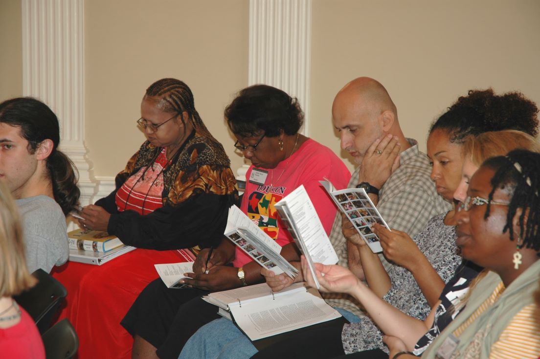 Plenary Session on the Teachers Institute Approach  at the Intensive Session, July 2006. (Left to right: National Fellows Justin M. Boucher, New Haven; Enetta Nelson Rose, Jurline Tarver Franklin, Daniel J. Addis, Michea R. Carter and Karlene E. McGowen, Houston; and Bonnee L. Breese, Philadelphia.)