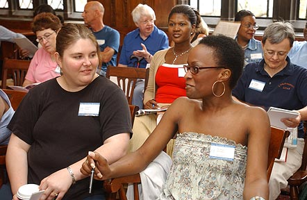 Opening Session of the Intensive Session, July 2005. (Left to right: Front row: National Fellows Crecia Cipriano Swaim and Mnikesa F. Whitaker, New Haven. Second row: National Fellows Rita Ann Sorrentino, Keysiah M. Middleton and Barbara McDowell Dowdall, Philadelphia. Third row: National Fellows Raymond Theilacker, Wilmington; Jean E. Sutherland, New Haven; and Monica Jones Jackson, Houston.)