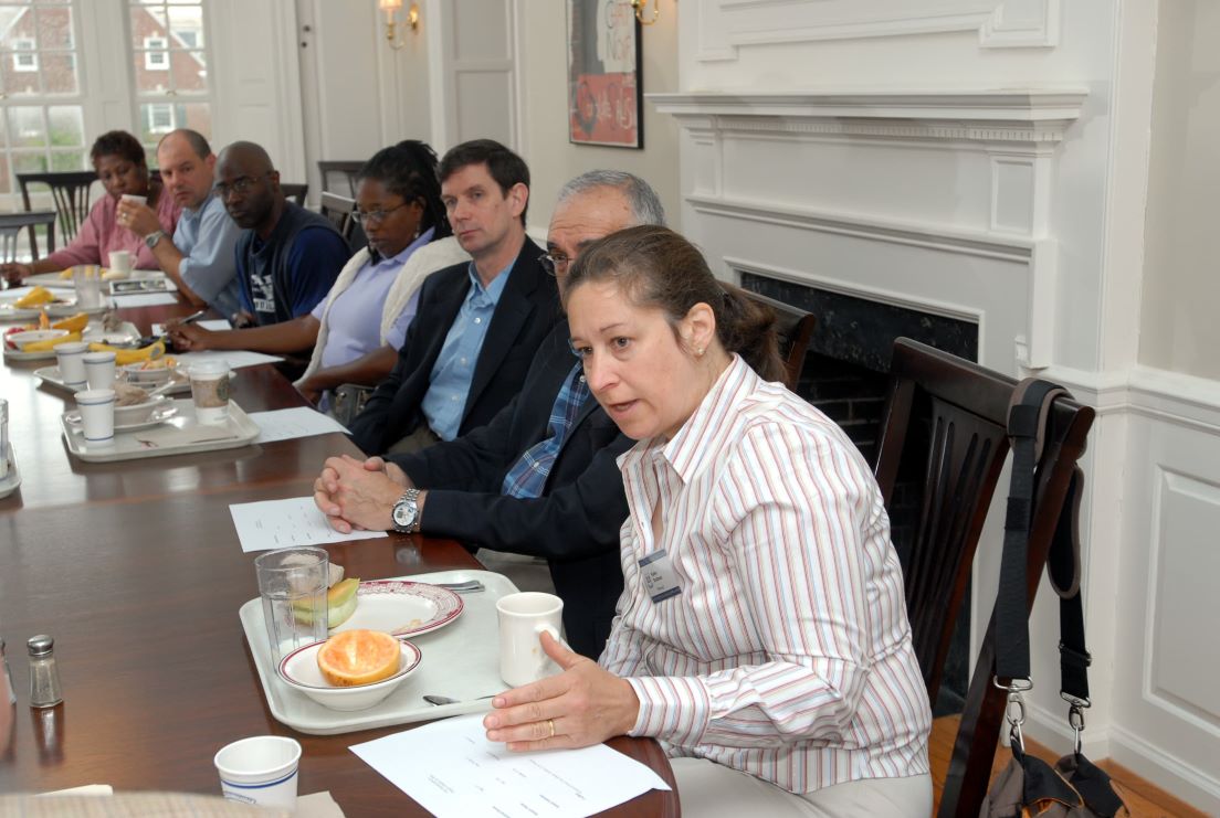 National Leadership meeting at the Intensive Session, July 2007. (Left to right: Carolyn N. Kinder and Ralph E. Russo, New Haven; Samuel A. Reed and Bonnee L. Breese, Philadelphia; Rogers M. Smith, Christopher H. Browne Distinguished Professor of Political Science, University of Pennsylvania, seminar leader Sabatino Sofia; and Karen S. Goldman, Associate Professor of Spanish and Cultural Studies, Chatham University.)