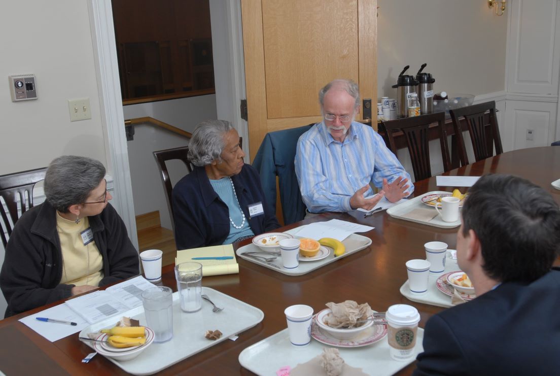 National Leadership meeting at the Intensive Session, July 2007. (Left to right: seminar leader Mary E. Miller; director Helen S. Faison, Pittsburgh; Michael Field, Professor of Mathematics, University of Houston; and Rogers M. Smith, Christopher H. Browne Distinguished Professor of Political Science, University of Pennsylvania.)