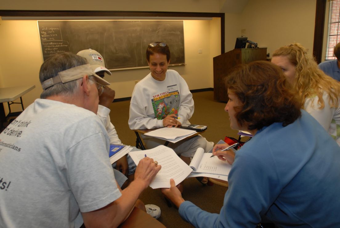 The national seminar on &quot;Keeping the Meaning in Mathematics: The Craft of Word Problems,&quot; July 2007. (Clockwise from bottom left: Harold Reiter, Associate Professor of Mathematics, University of North Carolina at Charlotte; National Fellows Nancy Rudolph, New Castle County; Karlene E. McGowen, Houston; and Valerie Schwarz, Richmond.)