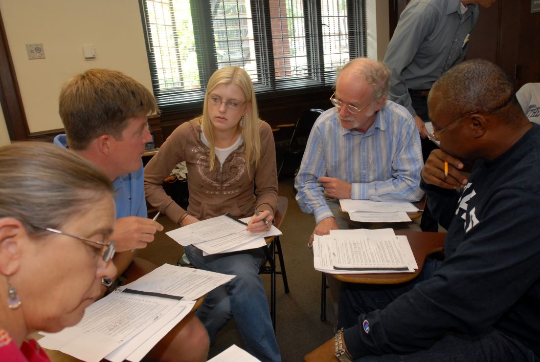The national seminar on &quot;Keeping the Meaning in Mathematics: The Craft of Word Problems,&quot; July 2007. (Left to right: National Fellows Nancy Ann Wasser, Santa Fe; Tyler B. Willoughby, Charlotte; Paula Shaffer-Roche, Pittsburgh; Michael Field, Professor of Mathematics, University of Houston; National Fellow Moses B. Jackson, Philadelphia.)