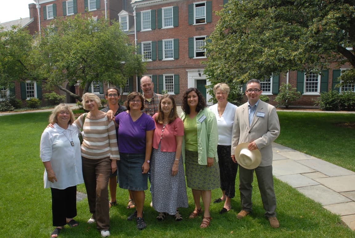 Santa Fe Team at the Intensive Session, July 2007. (Left to right: National Fellow Claudia L. Miller; Carole Evans, Professor of Moving Image Arts, College of Santa Fe; Leonard Gannes, Assistant Professor of Science and Conservation Studies, College of Santa Fe; National Fellows Danielle Gothie, Jeffrey C. Davis, Nancy Ann Wasser, Paulina Alexandra Salvador, and Claudia L. Miller; and Khristaan D. Villela, Eugene V. Thaw Professor of Art History, College of Santa Fe.)