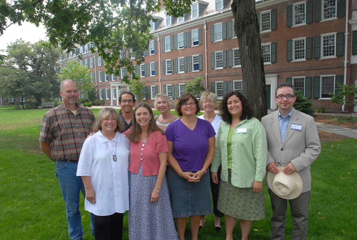Santa Fe Team at the Intensive Session, July 2007. (Left to right: National Fellows Jeffrey C. Davis and Claudia L. Miller; Leonard Gannes, Assistant Professor of Science and Conservation Studies, College of Santa Fe; National Fellow Nancy Ann Wasser; Carole Evans, Professor of Moving Image Arts, College of Santa Fe; National Fellows Danielle Gothie, Meredith Charlton Tilp,  and Paulina Alexandra Salvador; and Khristaan D. Villela, Eugene V. Thaw Professor of Art History, College of Santa Fe.)