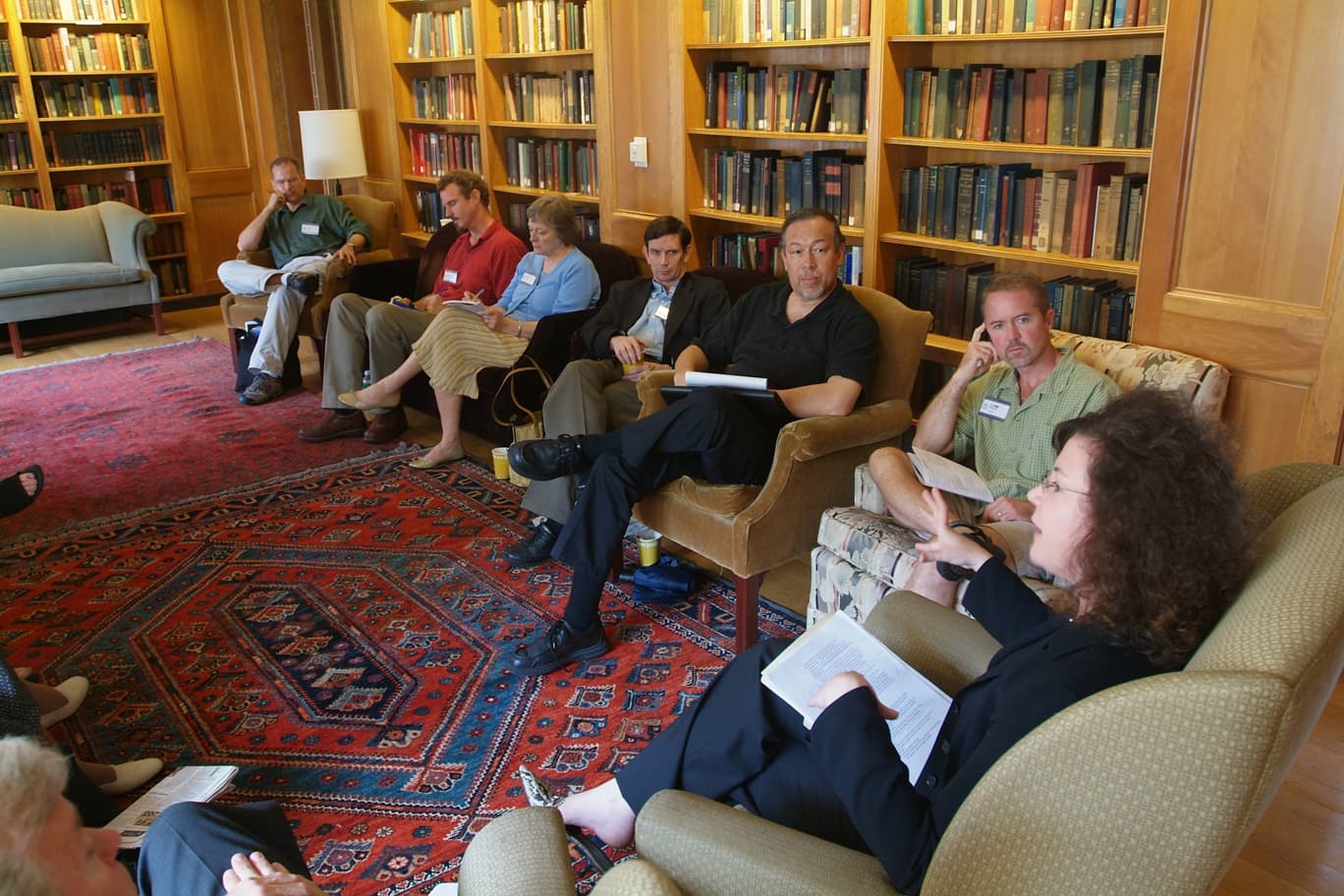 Workshop on the Teachers Institutes Bill and Related Federal Legislation with Kara Haas at the Intensive Session, July 2007. (Left to right: Oscar Lansen, Senior Lecturer in History, University of North Carolina at Charlotte; Lee A. Carleton, Assistant Director, Writing Center, University of Richmond; Alexina R. Fagan, Writing Instructor, Virginia Commonwealth University; Rogers M. Smith, Christopher H. Browne Distinguished Professor of Political Science, University of Pennsylvania; director Alan J. Lee, Philadelphia; Shepherd McKinley, Lecturer in History, University of North Carolina at Charlotte; and Kara A. Haas, Federal Relations Associate, Yale University.)