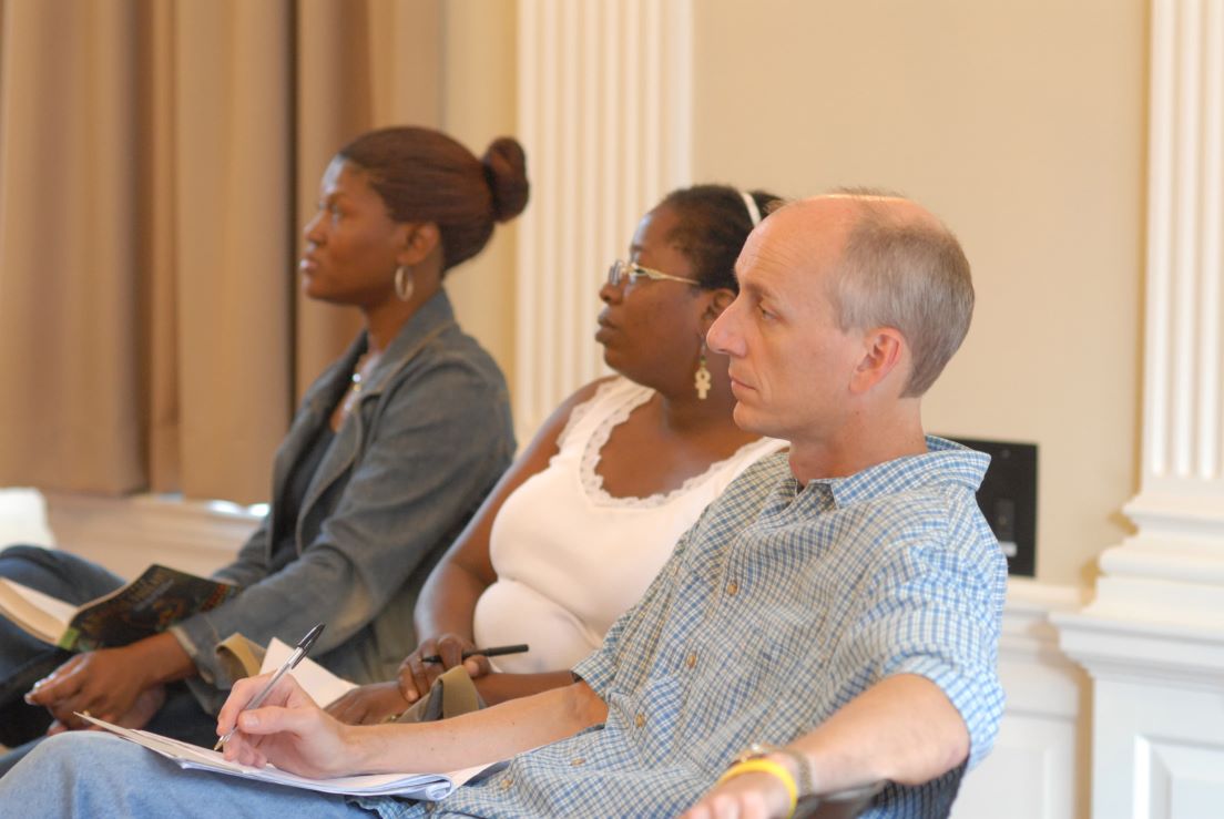 Plenary Session on the Teachers Institute Approach at the Intensive Session, July 2006. (Left to right: National Fellows Keysiah M. Middleton and Bonnee L. Breese, Philadelphia; and Eric D. Whiteside, Charlotte.)