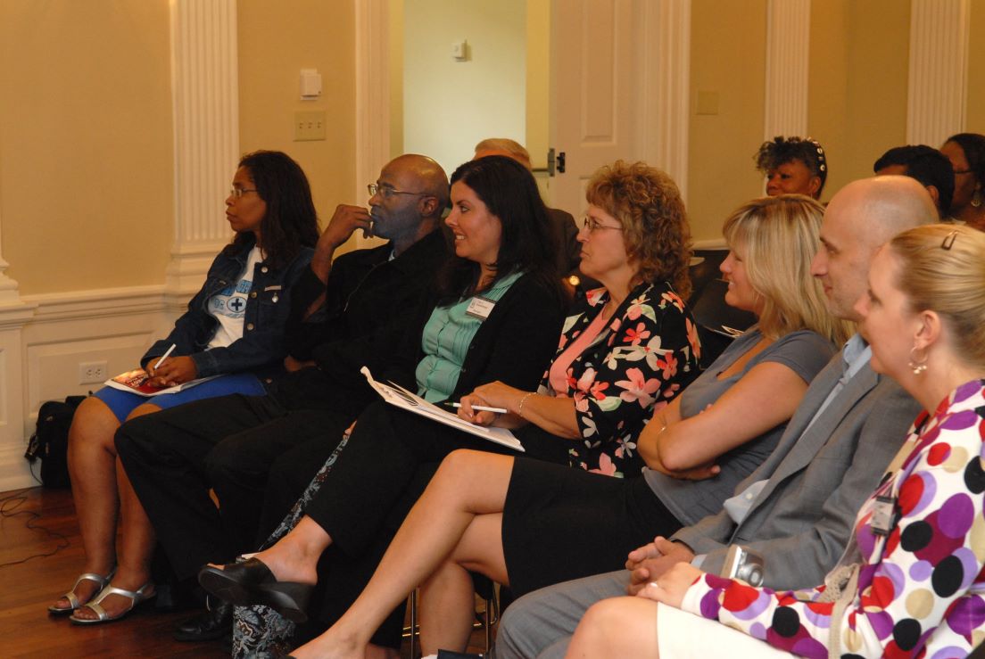 Plenary Session on the Teachers Institute Approach at the Intensive Session, July 2006. (Left to right: National Fellows Beverly Rice-Hooper, Atlanta; Samuel A. Reed, Philadelphia; former National Fellow Cary A. Brandenberger, Wilmington; Debbie Zych, Assistant Superintendent, New Castle County Vo-Tech School District; National Fellows Laura Viviana Zoladz, Wilmington; Daniel J. Addis and Karlene E. McGowen, Houston.)