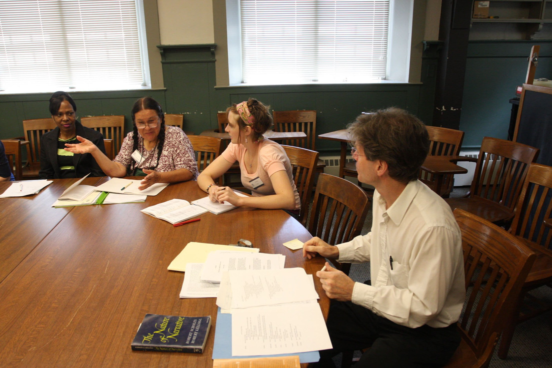 The national seminar on &quot;Storytelling around the Globe,&quot; July 2009. (Left to right: National Fellows Octavia L. Utley, DeKalb County; Darlene M. Anaya, San Francisco; Jill C. Deleeuw, Charlotte; and seminar leader Dudley Andrew.)