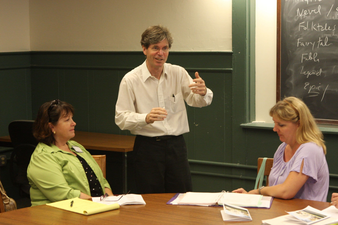 The national seminar on &quot;Storytelling around the Globe,&quot; July 2009. (Left to right: National Fellow Patricia W. Kite, Richmond; seminar leader Dudley Andrew; and National Fellow Karlene E. McGowen, Houston.)