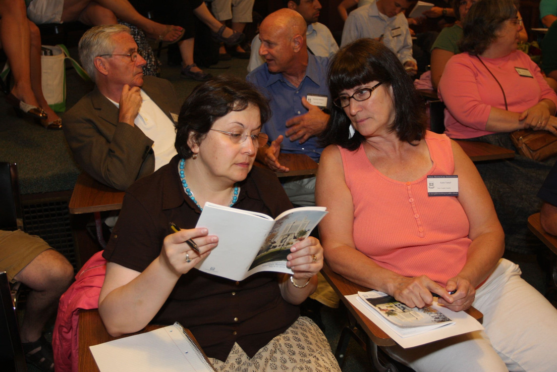 Opening Meeting at the Intensive Session, July 2009. (Front row, left to right: Cristina Bacuta, Assistant Professor of Mathematical Sciences, University of Delaware; and National Fellow Karen R. Sturdy Yarnall, New Castle County.)