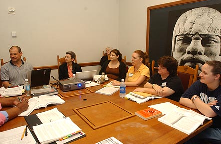 The National Seminar on &quot;Art and Identity in Mexico, from Olmec Times to the Present,&quot; July 2005. (Left to right: National Fellow Ralph E. Russo, New Haven; Seminar Leader Mary E. Miller; Mary K. Baron, Jacksonville; National Fellows Alexandra Reyes, New Haven; Karlene Elizabeth McGowen and Mayra Muller-Schmidt, Houston; and Yvonne Couture Spinner, Jacksonville.)