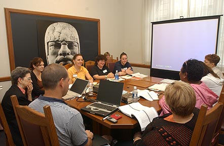 The National Seminar on &quot;Art and Identity in Mexico, from Olmec Times to the Present,&quot; July 2005. (Clockwise from bottom left: Seminar Leader Mary E. Miller; National Fellows Alexandra Reyes, New Haven; Karlene Elizabeth McGowen and Mayra Muller-Schmidt, Houston; Yvonne Couture Spinner, Jacksonville; Carol M. Petett, Pittsburgh; Elizabeth R. Lasure, Charlotte; Patricia Yvonne Gordon, Pittsburgh; Donna H. Sussman, Jacksonville; and Ralph E. Russo, New Haven.)