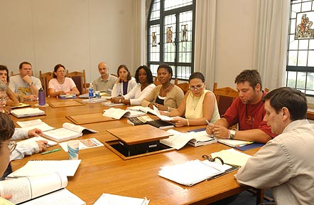 The National Seminar on &quot;War and Civil Liberties,&quot; July 2005. (Left to right: National Fellows Mary Ann T. Natunewicz, Houston; Barbara McDowell Dowdall, Philadelphia; Justin M. Boucher, New Haven; Charles Bradley Avery, Jacksonville; Elouise E. White-Beck, Pittsburgh; Daniel Joseph Addis, Houston; Amanda Genther Sanders, Richmond; Victoria Harrington Brown and Keysiah M. Middleton, Philadelphia;  Jayme Holaway-Hicks, Jacksonville; Jeffrey Clay Joyce, Charlotte; and Seminar Leader Rogers M. Smith.)