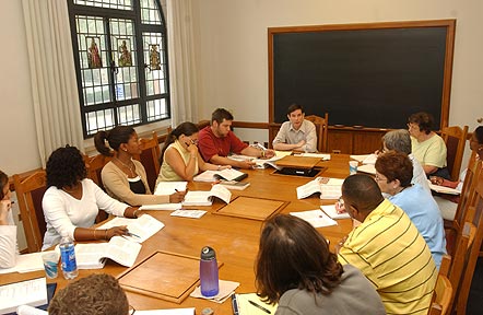 The National Seminar on &quot;War and Civil Liberties,&quot; July 2005. (Clockwise from bottom left: National Fellows Amanda Genther Sanders, Richmond; Victoria Harrington Brown and Keysiah M. Middleton, Philadelphia; Jayme Holaway-Hicks, Jacksonville; Jeffrey Clay Joyce, Charlotte; Seminar Leader Rogers M. Smith; National Fellows Mary Ann T. Natunewicz, Houston; Crystal A. Moore, Barbara McDowell Dowdall, and Rita Ann Sorrentino, Philadelphia; Ralph H. Holmes, Pittsburgh; and Justin M. Boucher, New Haven.)