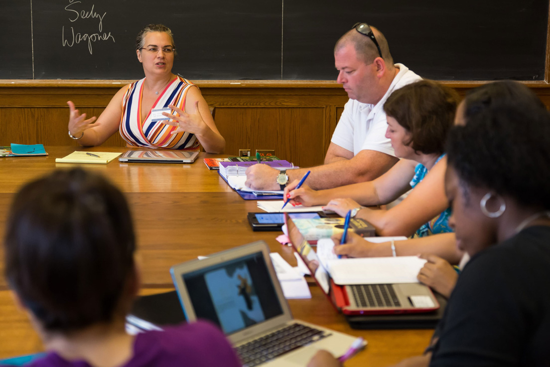 The national seminar on "Literature and Information," July 2015. (From left to right: seminar leader Jessica Brantley; National Fellows Joseph Parrett, Delaware; Valerie J. Schwarz, Richmond; and Keisha Wheat, Chicago.)