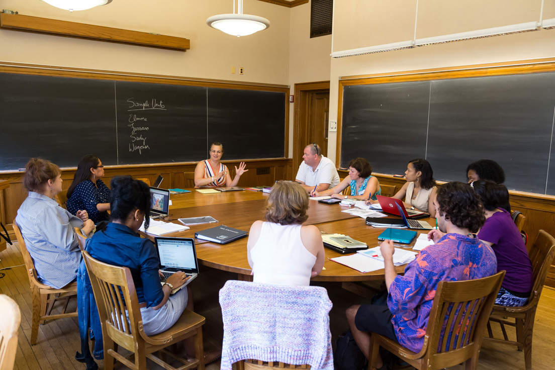 The national seminar on "Literature and Information," July 2015. (Clockwise from left: National Fellows Krista B. Waldron, Tulsa; Teresa Rush, Delaware; Joyce Arnosky, Philadelphia; LeTanya K. James, Diné Nation; seminar leader Jessica Brantley; National Fellows Joseph Parrett, Delaware; Valerie J. Schwarz, Richmond; Nadra Ruff and Keisha Wheat, Chicago; Julie So and Luke Holm, San José.)