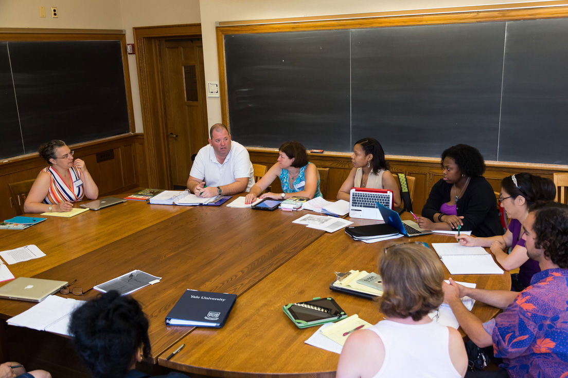 The national seminar on "Literature and Information," July 2015. (From left to right: seminar leader Jessica Brantley; National Fellows Joseph Parrett, Delaware; Valerie J. Schwarz, Richmond; Nadra Ruff and Keisha Wheat, Chicago; Julie So and Luke Holm, San José.)