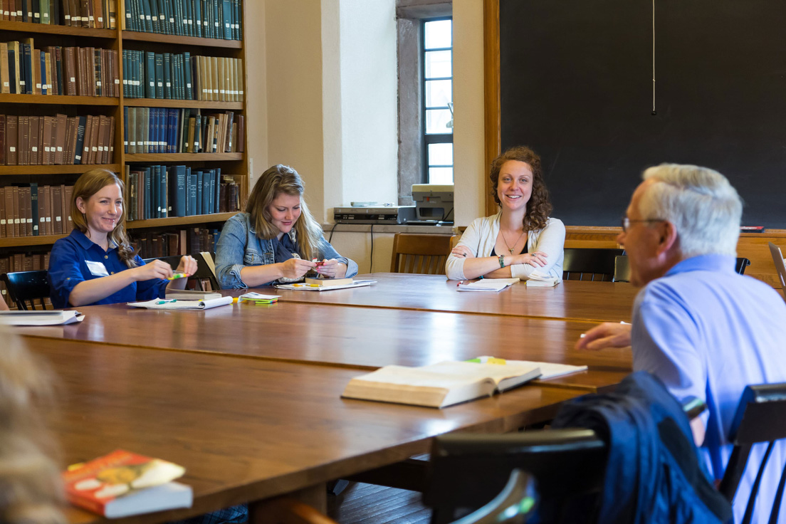 The national seminar on "Explaining Character in Shakespeare," July 2015. (From left to right: National Fellows Teresa Madden Harrold, Pittsburgh; Tara Ann Carter, Philadelphia; Sarah A. Weidmann, Chicago; and seminar leader Paul H. Fry.)