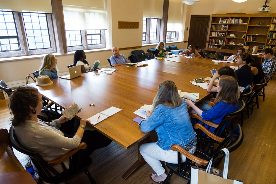 The national seminar on "Explaining Character in Shakespeare," July 2015. (Clockwise from left: National Fellows Sarah A. Weidmann, Chicago; Quinn Jacobs, Delaware; Chenise Gregory, District of Columbia; seminar leader Paul H. Fry; National Fellows Joyce Jacobson, Bay Area; Irene Jones, Diné Nation; Michelle Hilbeck, Delaware; Justin R. Brady, Tulsa; Christina Cancelli, Richmond; Jennifer L. Vermillion, San José; Jennifer Giarrusso and Teresa Madden Harrold, Pittsburgh; and Tara Ann Carter, Philadelphia.)