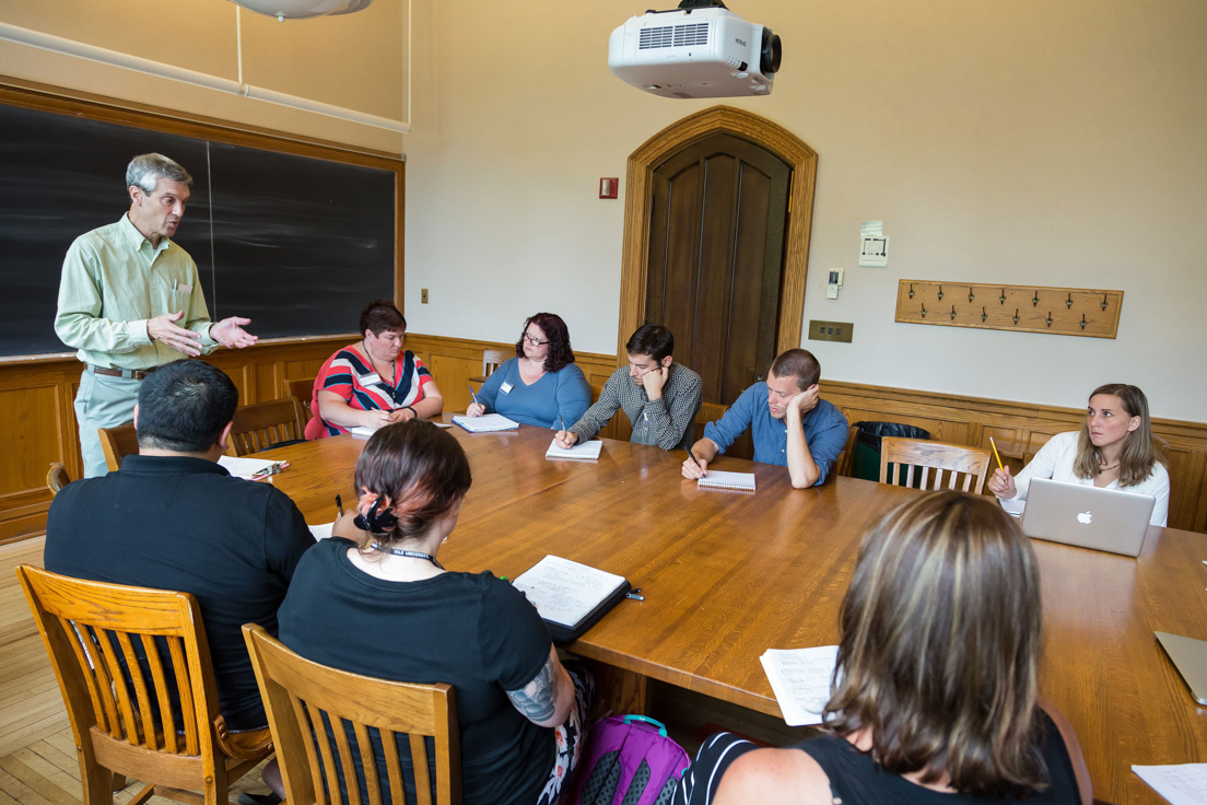 The national seminar on "Problem Solving and the Common Core," July 2015. (From left to right: seminar leader Roger E. Howe; National Fellows Christy M. Schmidt-Applegate and Corrina S. Christmas, Tulsa; Joshua Lerner and Aaron Bingea, Chicago; and Danyelle Frye, Pittsburgh.)