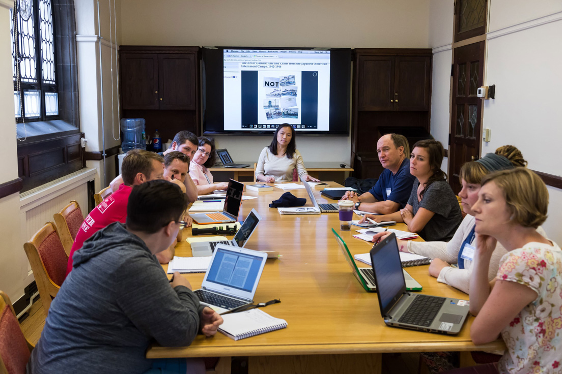 The national seminar on "History in our Everyday Lives: Collective Memory, Historical Writing, and Public History," July 2015. (Clockwise from left: National Fellows E. M. Miller, Chicago; Raymond Ott, Delaware; William Cavada, San José; Sydney H. Coffin, Philadelphia; Patricia L. Hodge, Tulsa; seminar leader Mary T. Y. Lui; National Fellows Tracy Watkins, Pittsburgh; Glenn Davis, San José; Jeanne Callahan, Richmond; Elizabeth Terlecki, Delaware; and Libby Germer, Richmond.)