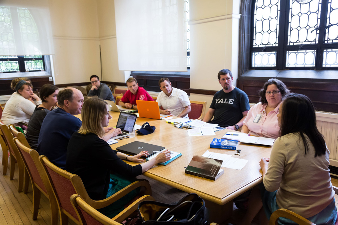 The national seminar on "History in our Everyday Lives: Collective Memory, Historical Writing, and Public History," July 2015. (Clockwise from left: National Fellows Tracy Watkins, Pittsburgh; Glenn Davis, San José; Jeanne Callahan, Richmond; Elizabeth Terlecki, Delaware; E. M. Miller, Chicago; Raymond Ott, Delaware; William Cavada, San José; Sydney H. Coffin, Philadelphia; Patricia L. Hodge, Tulsa; and seminar leader Mary T. Y. Lui.)