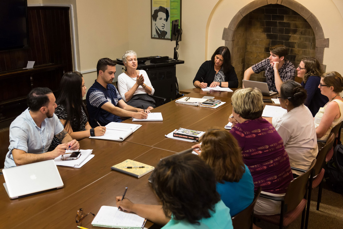 The national seminar on "Using Film in the Classroom," July 2015. (Clockwise from left: National Fellows Eric Maroney, New Haven; Sobeyda Rivera, Richmond; Chad Meirose, San José; seminar leader Brigitte Peucker; National Fellows Barbara A. Prillaman, Delaware; W. Miles Greene, Bay Area; Molly A. Myers, Chicago; Kathleen Radebaugh, Philadelphia; Jolene R. Smith, Diné Nation; Margaret M. Deweese, Tulsa; Arcadia A. Teel, Tulsa; and Shannon Foster-Williams, Richmond.)