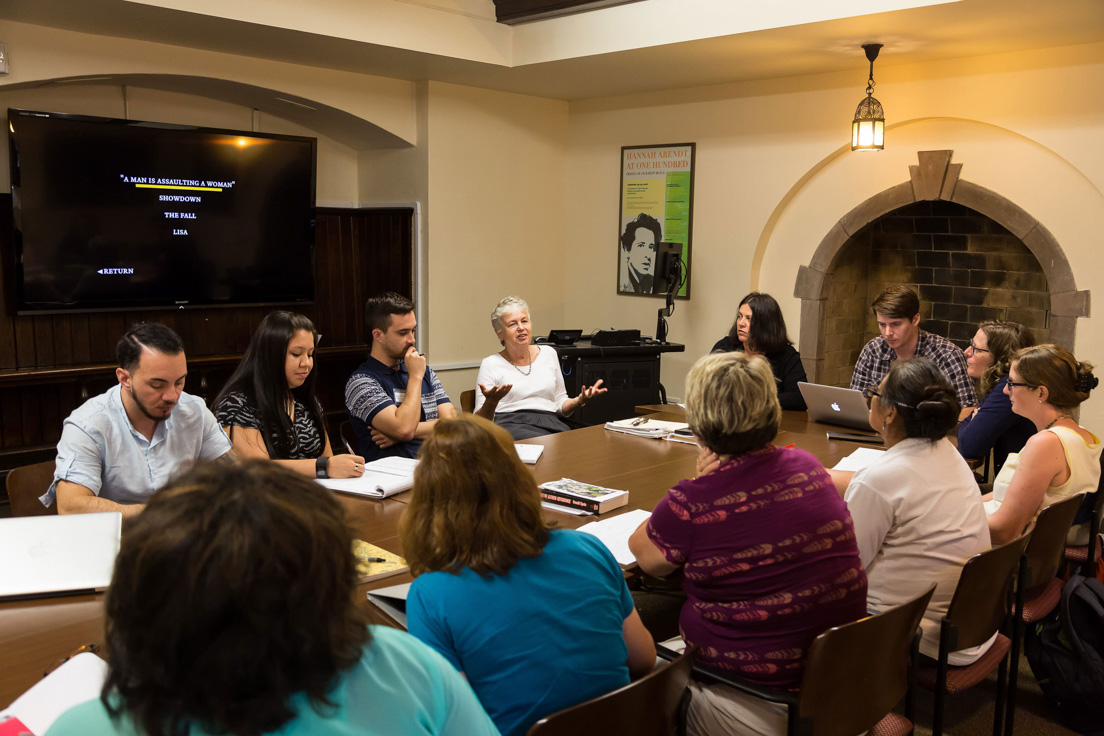 The national seminar on "Using Film in the Classroom," July 2015. (Clockwise from left: National Fellows Eric Maroney, New Haven; Sobeyda Rivera, Richmond; Chad Meirose, San José; seminar leader Brigitte Peucker; National Fellows Barbara A. Prillaman, Delaware; W. Miles Greene, Bay Area; Molly A. Myers, Chicago; Kathleen Radebaugh, Philadelphia; Jolene R. Smith, Diné Nation; Margaret M. Deweese, Tulsa; Arcadia A. Teel, Tulsa; and Shannon Foster-Williams, Richmond.)